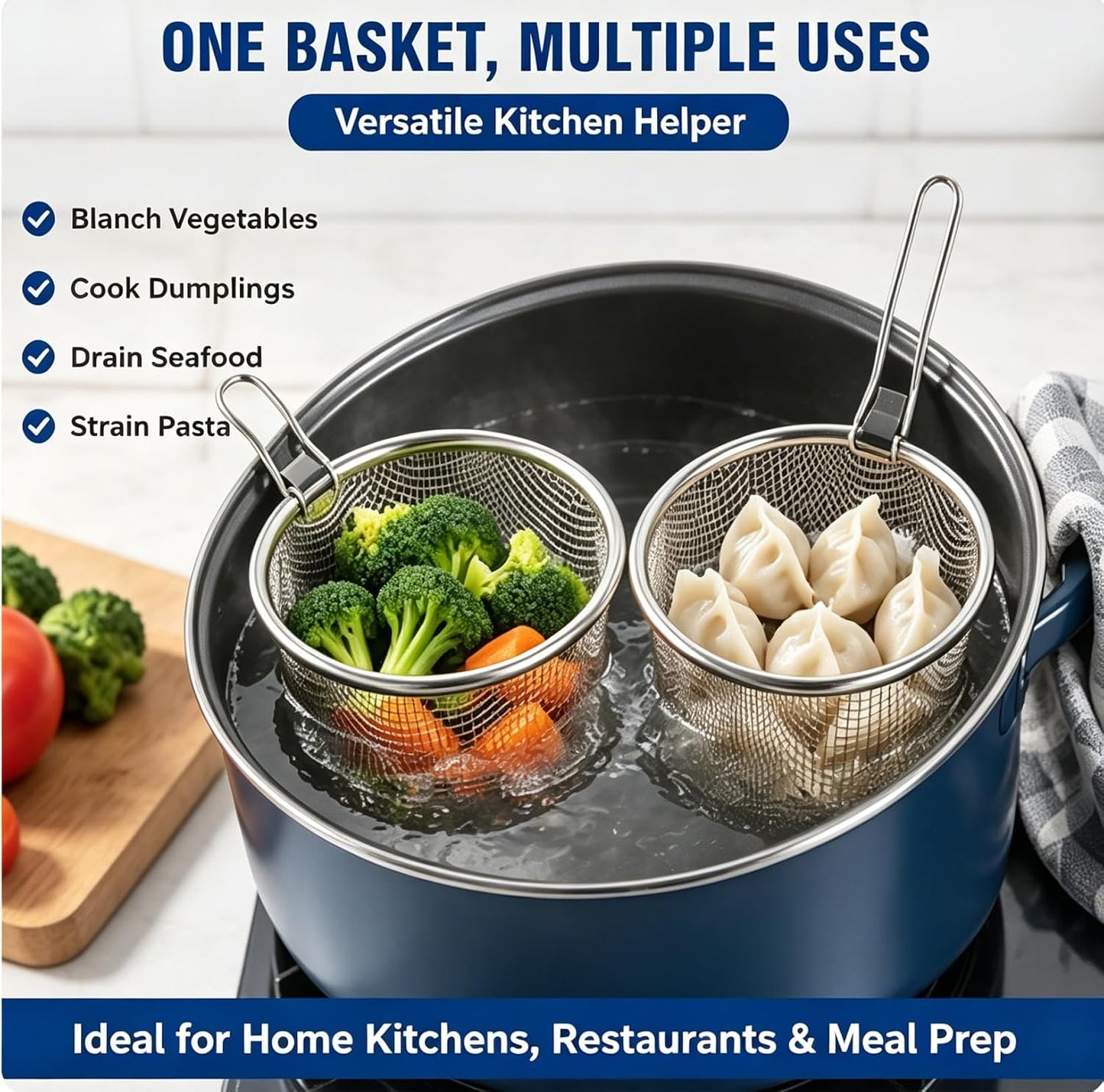 2pcs Stainless Steel Pasta Basket, Mesh Spider Food Dumpling Noodle Strainer, Fine Mesh Strainer with Handle, Food Strainers