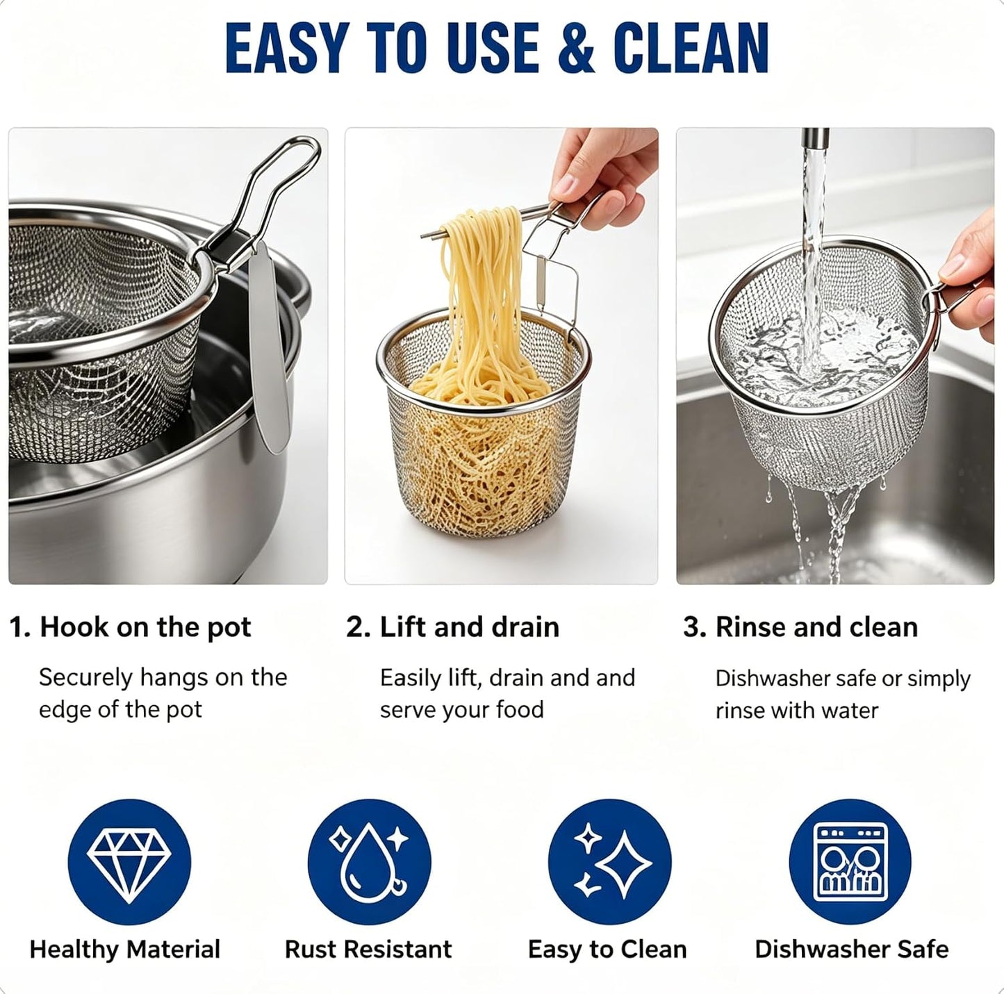 2pcs Stainless Steel Pasta Basket, Mesh Spider Food Dumpling Noodle Strainer, Fine Mesh Strainer with Handle, Food Strainers