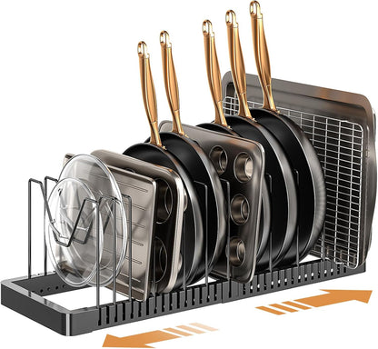 Pots and Pans Organizer under Cabinet, Expandable Pot Lid Organizer Holder with 10 Adjustable Compartment, Pan Organizers inside Cabinet for Lids, Bakeware, Kitchen Storage Pot Rack, Black