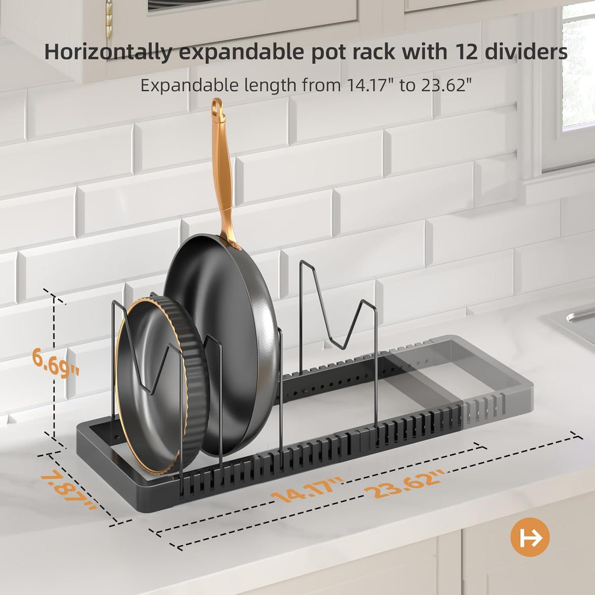 Pots and Pans Organizer under Cabinet, Expandable Pot Lid Organizer Holder with 10 Adjustable Compartment, Pan Organizers inside Cabinet for Lids, Bakeware, Kitchen Storage Pot Rack, Black