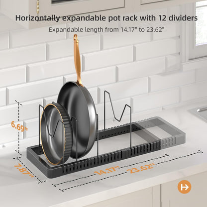 Pots and Pans Organizer under Cabinet, Expandable Pot Lid Organizer Holder with 10 Adjustable Compartment, Pan Organizers inside Cabinet for Lids, Bakeware, Kitchen Storage Pot Rack, Black