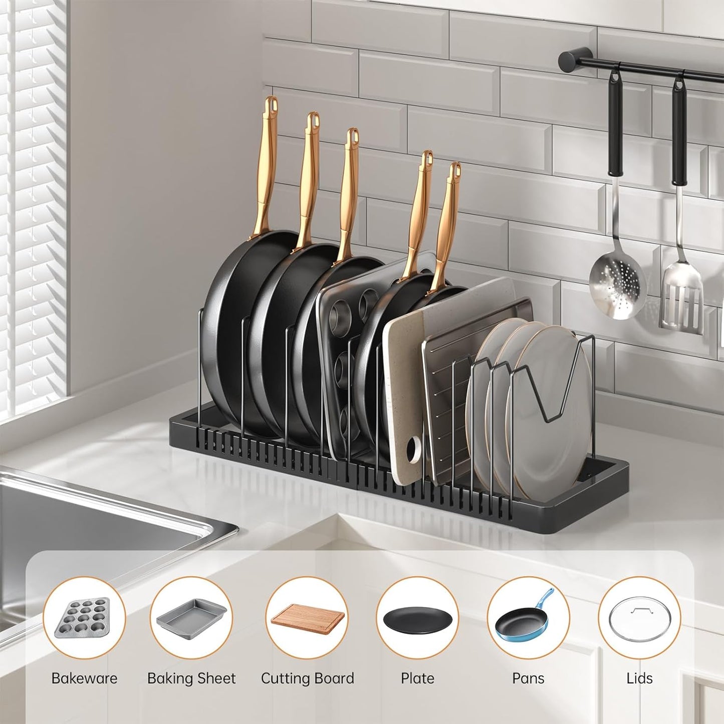 Pots and Pans Organizer under Cabinet, Expandable Pot Lid Organizer Holder with 10 Adjustable Compartment, Pan Organizers inside Cabinet for Lids, Bakeware, Kitchen Storage Pot Rack, Black