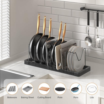 Pots and Pans Organizer under Cabinet, Expandable Pot Lid Organizer Holder with 10 Adjustable Compartment, Pan Organizers inside Cabinet for Lids, Bakeware, Kitchen Storage Pot Rack, Black