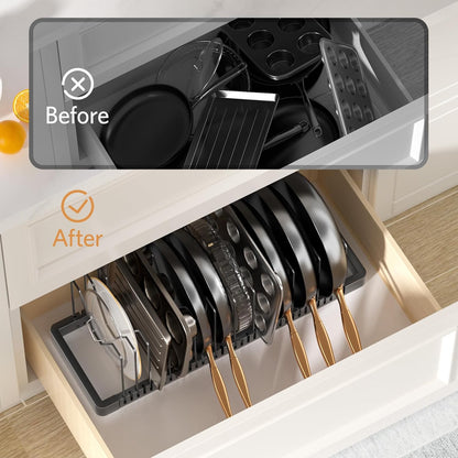 Pots and Pans Organizer under Cabinet, Expandable Pot Lid Organizer Holder with 10 Adjustable Compartment, Pan Organizers inside Cabinet for Lids, Bakeware, Kitchen Storage Pot Rack, Black