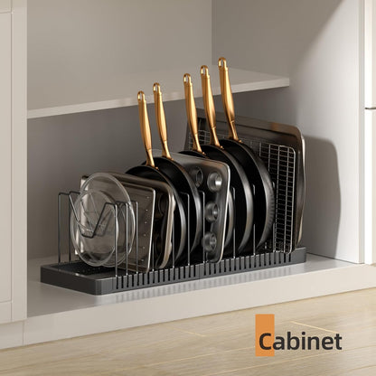 Pots and Pans Organizer under Cabinet, Expandable Pot Lid Organizer Holder with 10 Adjustable Compartment, Pan Organizers inside Cabinet for Lids, Bakeware, Kitchen Storage Pot Rack, Black