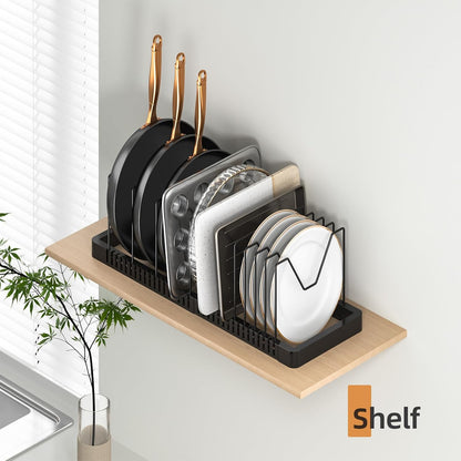 Pots and Pans Organizer under Cabinet, Expandable Pot Lid Organizer Holder with 10 Adjustable Compartment, Pan Organizers inside Cabinet for Lids, Bakeware, Kitchen Storage Pot Rack, Black