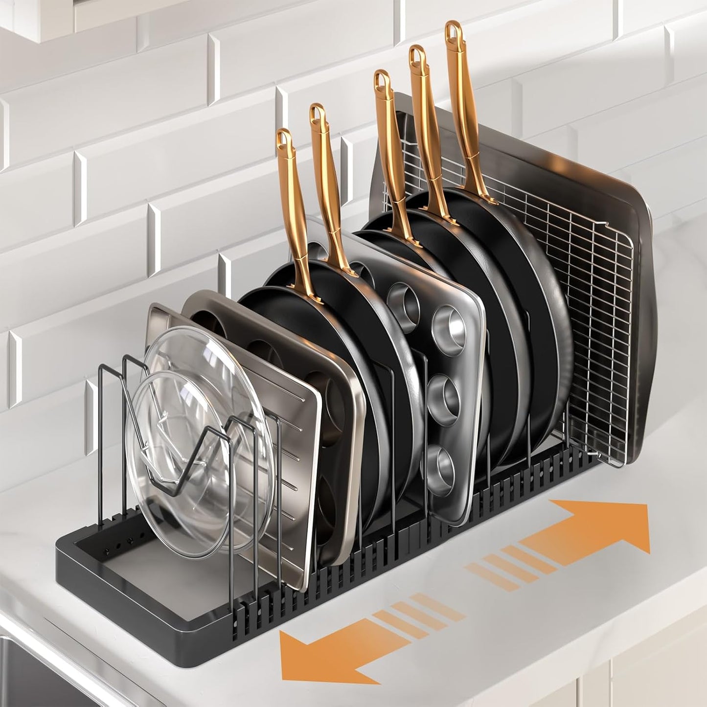 Pots and Pans Organizer under Cabinet, Expandable Pot Lid Organizer Holder with 10 Adjustable Compartment, Pan Organizers inside Cabinet for Lids, Bakeware, Kitchen Storage Pot Rack, Black