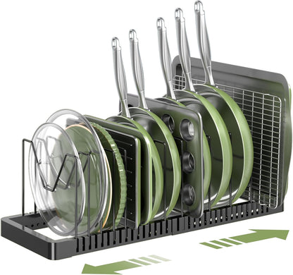 Pots and Pans Organizer under Cabinet, Expandable Pot Lid Organizer Holder with 10 Adjustable Compartment, Pan Organizers inside Cabinet for Lids, Bakeware, Kitchen Storage Pot Rack, Black