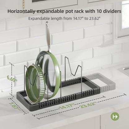 Pots and Pans Organizer under Cabinet, Expandable Pot Lid Organizer Holder with 10 Adjustable Compartment, Pan Organizers inside Cabinet for Lids, Bakeware, Kitchen Storage Pot Rack, Black