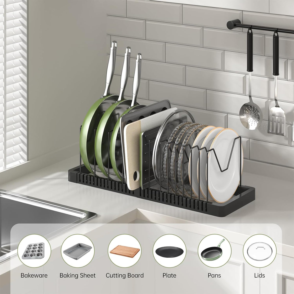 Pots and Pans Organizer under Cabinet, Expandable Pot Lid Organizer Holder with 10 Adjustable Compartment, Pan Organizers inside Cabinet for Lids, Bakeware, Kitchen Storage Pot Rack, Black