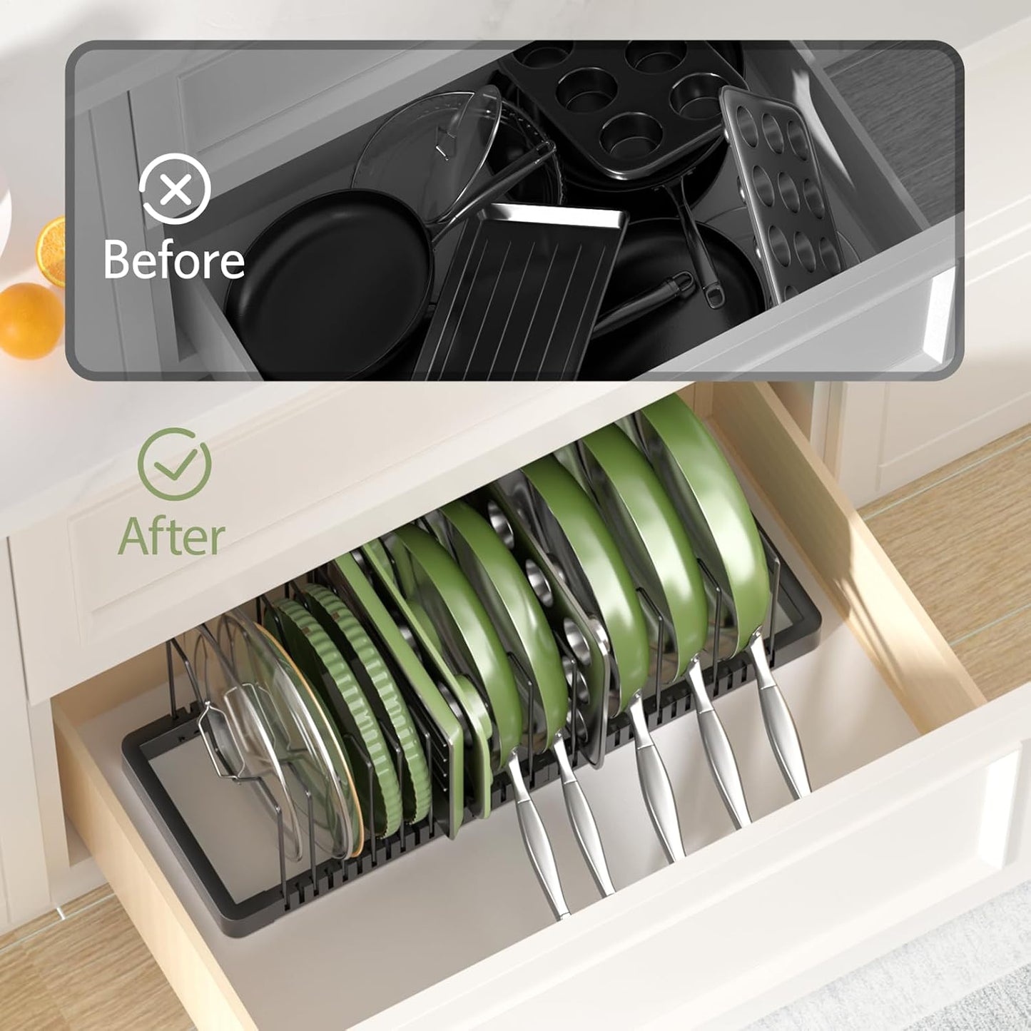 Pots and Pans Organizer under Cabinet, Expandable Pot Lid Organizer Holder with 10 Adjustable Compartment, Pan Organizers inside Cabinet for Lids, Bakeware, Kitchen Storage Pot Rack, Black