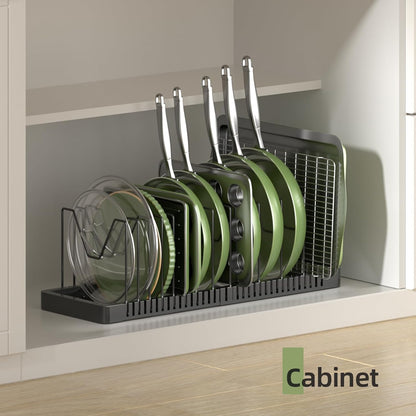 Pots and Pans Organizer under Cabinet, Expandable Pot Lid Organizer Holder with 10 Adjustable Compartment, Pan Organizers inside Cabinet for Lids, Bakeware, Kitchen Storage Pot Rack, Black