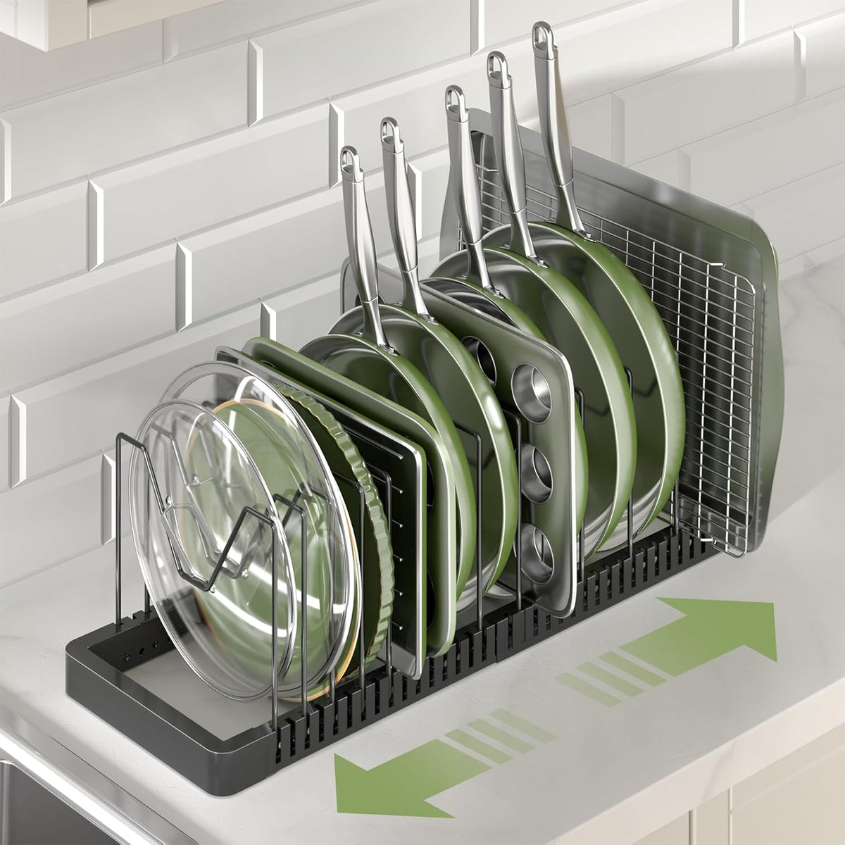 Pots and Pans Organizer under Cabinet, Expandable Pot Lid Organizer Holder with 10 Adjustable Compartment, Pan Organizers inside Cabinet for Lids, Bakeware, Kitchen Storage Pot Rack, Black