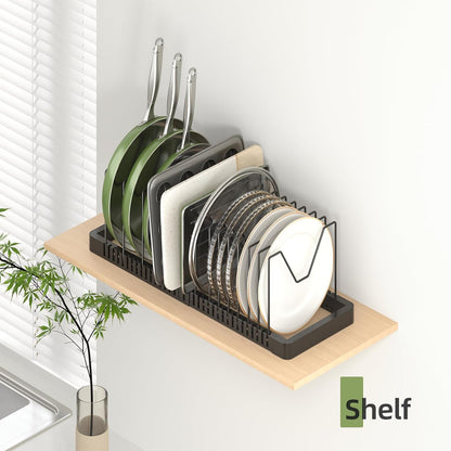 Pots and Pans Organizer under Cabinet, Expandable Pot Lid Organizer Holder with 10 Adjustable Compartment, Pan Organizers inside Cabinet for Lids, Bakeware, Kitchen Storage Pot Rack, Black