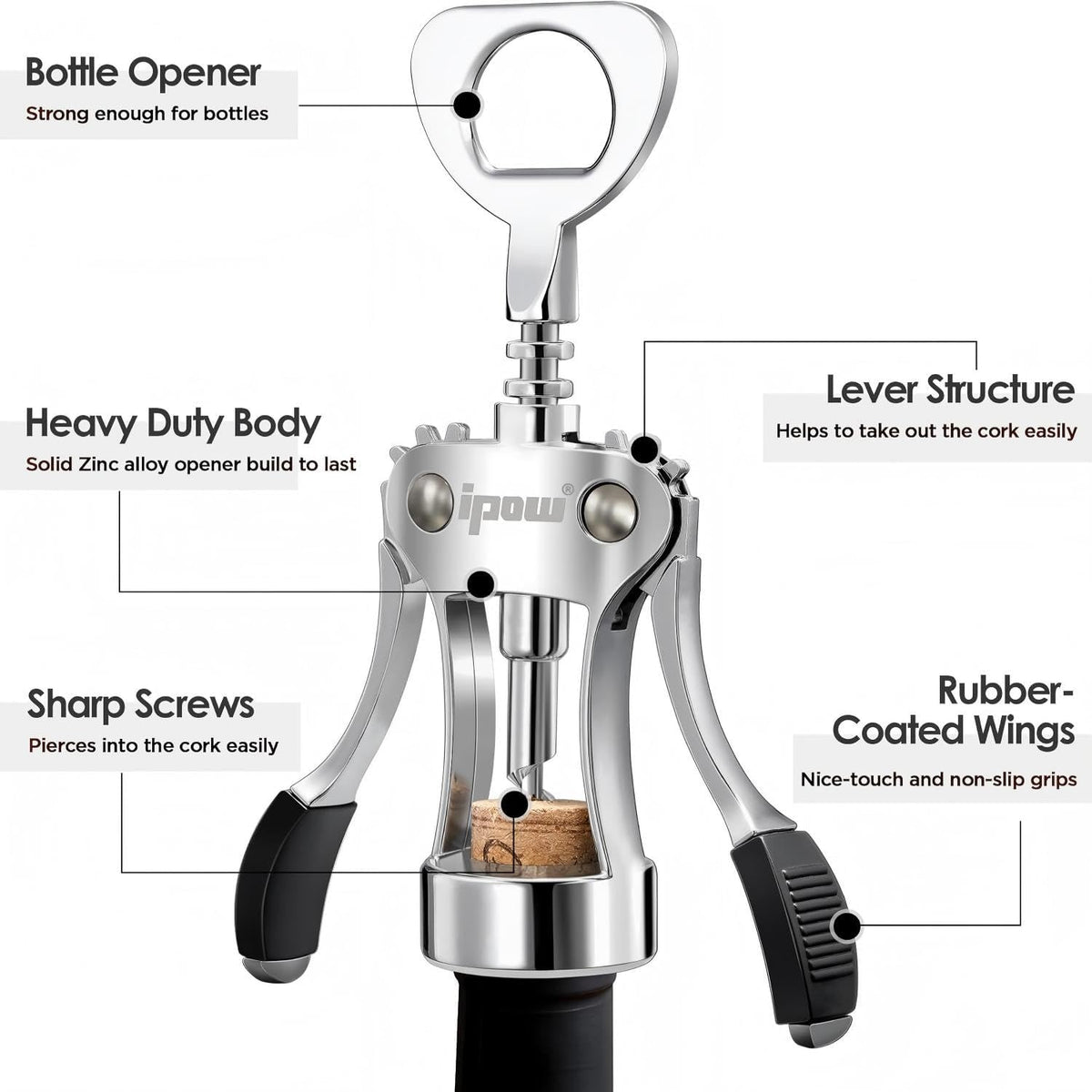 Wine Bottle Opener, Solid Zinc Alloy Corkscrew, Effortless Cork Removal