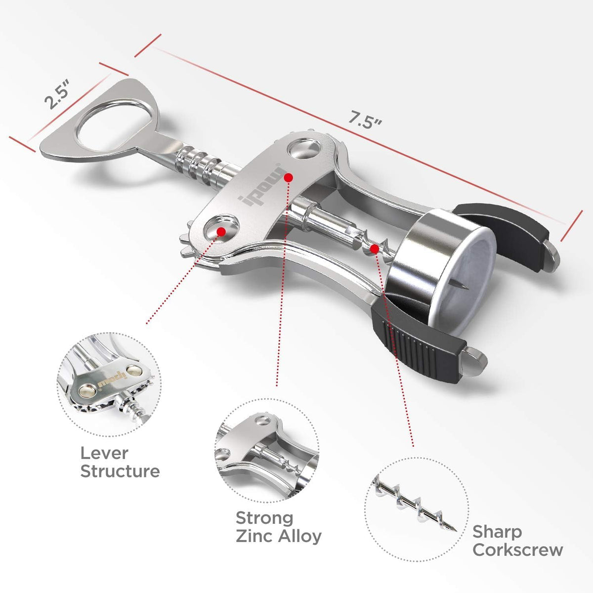 Wine Bottle Opener, Solid Zinc Alloy Corkscrew, Effortless Cork Removal
