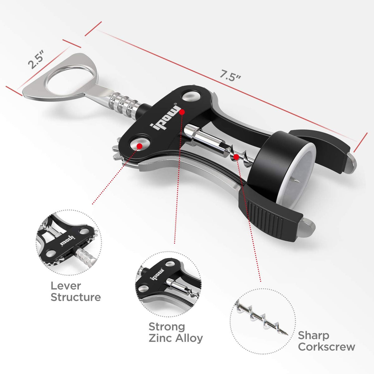 Wine Bottle Opener, Solid Zinc Alloy Corkscrew, Effortless Cork Removal