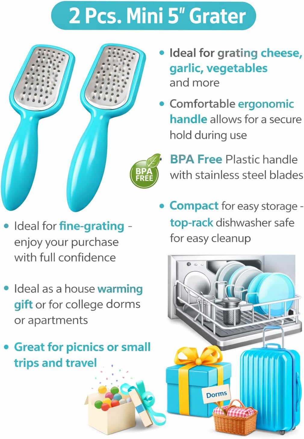 2 Pcs. Stainless Steel Mini Grater Cheese Garlic Nutmeg Chocolate 5" BPA Free