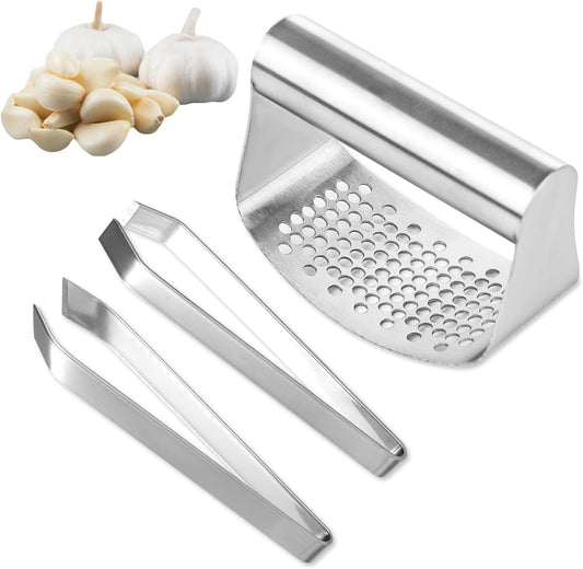 Garlic Press and Peeler Set, 2pcs Stainless Steel Garlic Mincer 1pcs Stainless Steel Garlic Chopper Garlic Tweezers Garlic Crusher Garlic Clippers Garlic Press Rocker Easy Faster Kitchen Tools