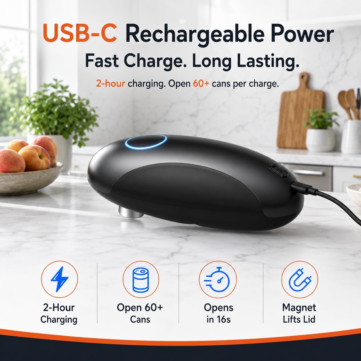 Rechargeable Electric Can Opener for Seniors & Arthritis, Automatic One-Touch Operation, Smooth Edge Cutting with Auto Stop & Magnetic Lid Lifter, Hands-Free, USB-C, Compact, Black