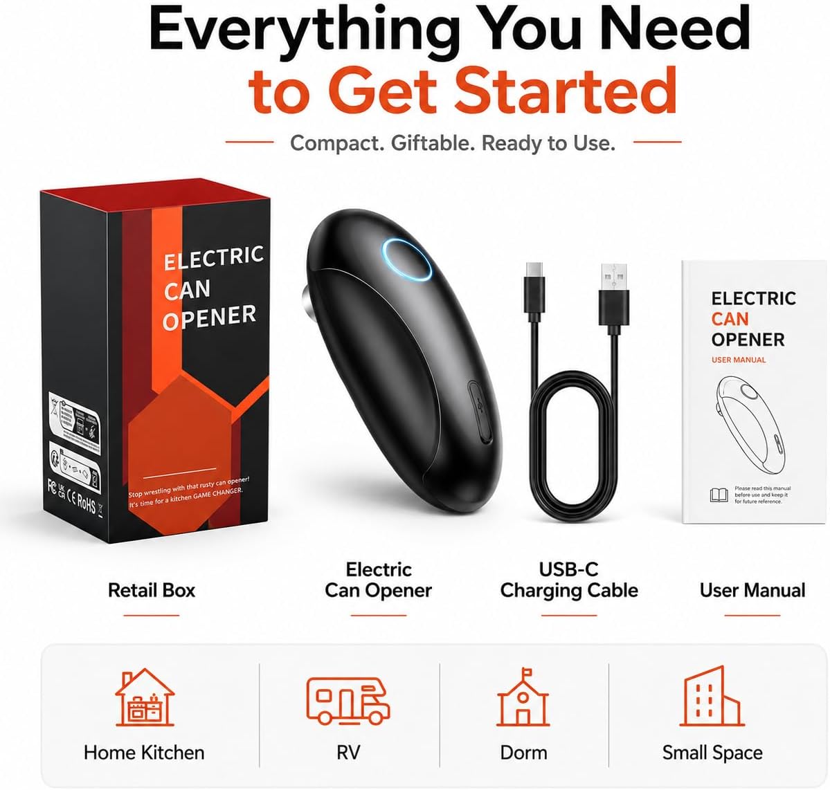 Rechargeable Electric Can Opener for Seniors & Arthritis, Automatic One-Touch Operation, Smooth Edge Cutting with Auto Stop & Magnetic Lid Lifter, Hands-Free, USB-C, Compact, Black
