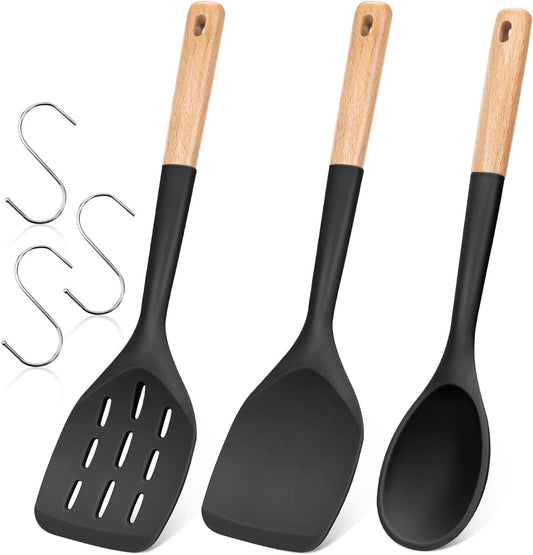 Pack of 3 Silicone Spatula, Non Stick Cooking Utensil Set, Wooden Handle Kitchen Turner for Baking Mixing Grilling Serving Food Heat Resistant, Black