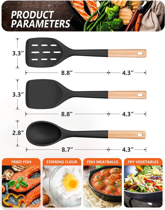 Pack of 3 Silicone Spatula, Non Stick Cooking Utensil Set, Wooden Handle Kitchen Turner for Baking Mixing Grilling Serving Food Heat Resistant, Black