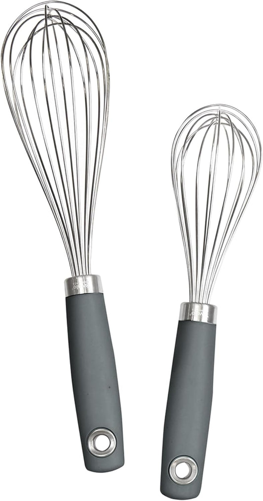 Wire Whisk Set of 2 for Baking Cooking Mixing Whisking, 10" & 12" Inch Stainless Steel Wire Kitchen Whisk Set Balloon Design Sturdy Comfort Grip Handle BPA Free Dishwasher Safe, Charcoal Gray
