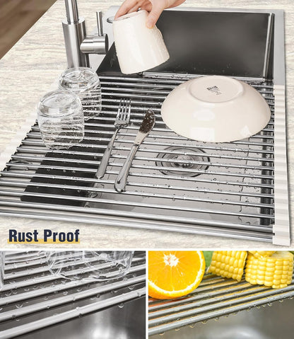 Roll Up Dish Drying Rack Over Sink, 304 Steel, 17.7x15.5, White