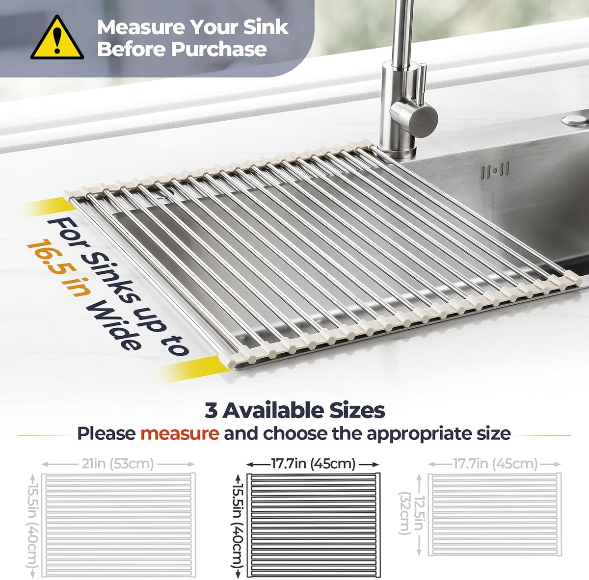 Roll Up Dish Drying Rack Over Sink, 304 Steel, 17.7x15.5, White