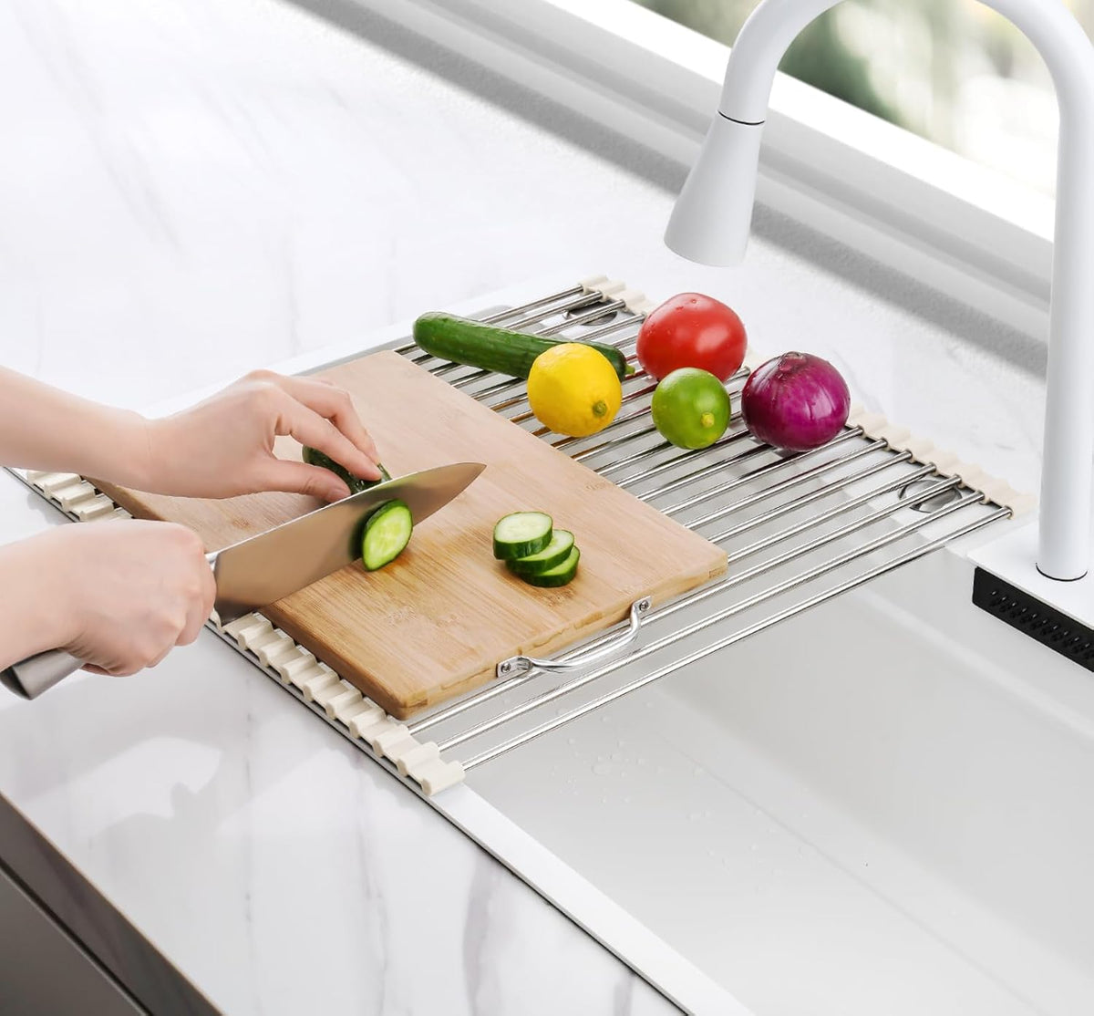 Roll Up Dish Drying Rack Over Sink, 304 Steel, 17.7x15.5, White