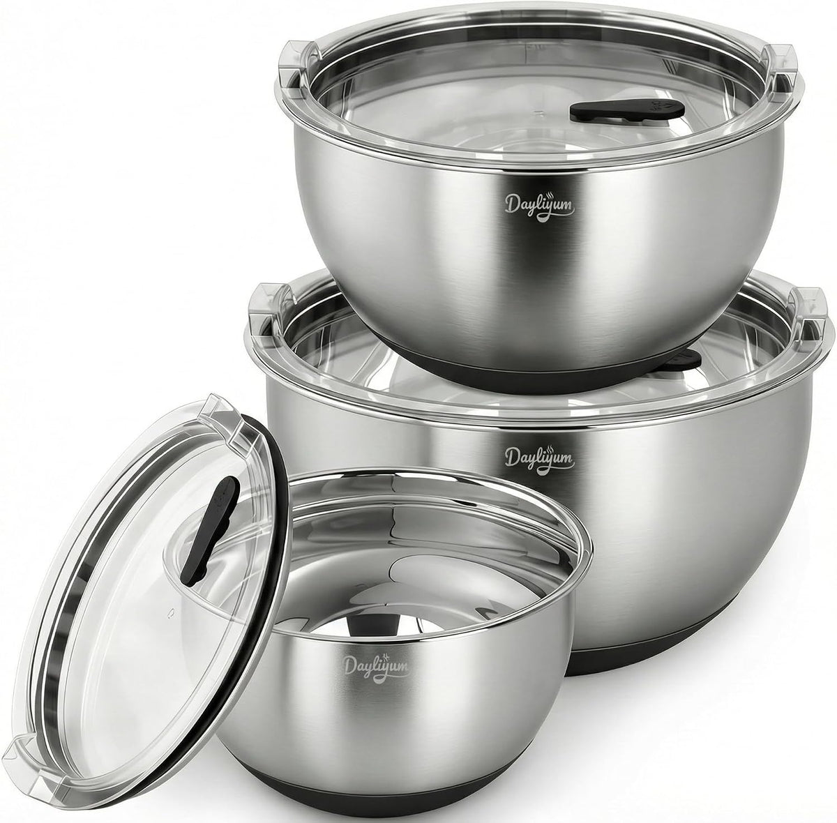 Mixing Bowls with Clear Airtight Lids, 3-Piece Stainless Steel Set, Black