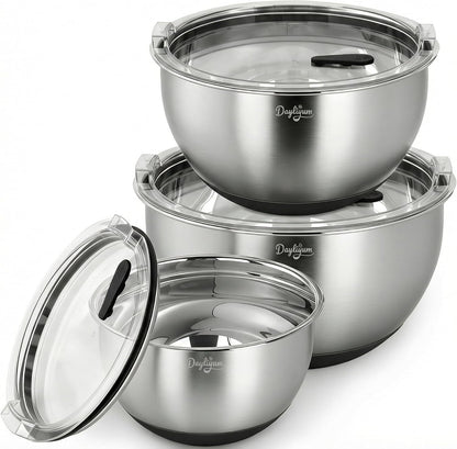 Mixing Bowls with Clear Airtight Lids, 3-Piece Stainless Steel Set, Black