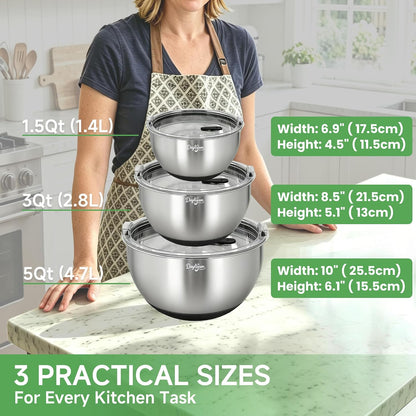 Mixing Bowls with Clear Airtight Lids, 3-Piece Stainless Steel Set, Black