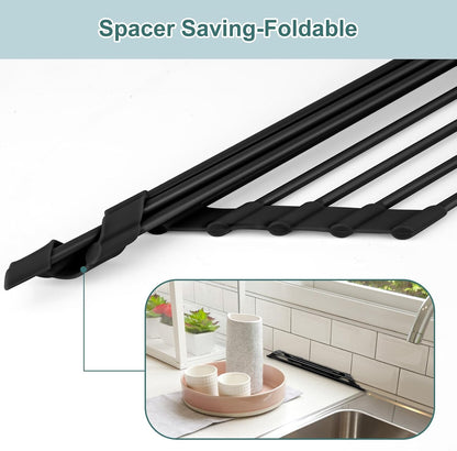 Roll Up Dish Drying Rack, Silicone Wrapped Over The Sink Dish Rack Foldable Dish Drainer Anti-Slip Dish Racks for Kitchen Counter, Multipurpose Kitchen Sink Drying Rack, 18" x 13", Black