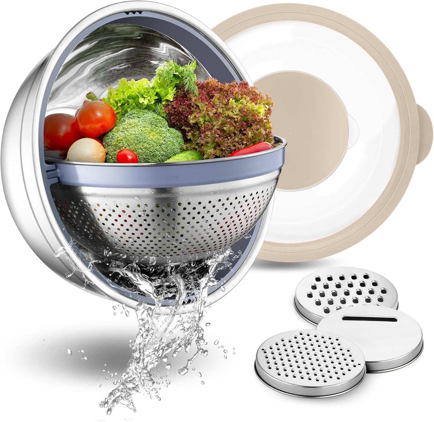 4-In-1 Stainless Steel Colander with Bowl Set for Kitchen, Khaki | Rotatable Strainers Fruit Cleaner for Washing Fruit & Draining Pasta, Mixing Bowl and Lid with Grater for Salad, Easy Clean