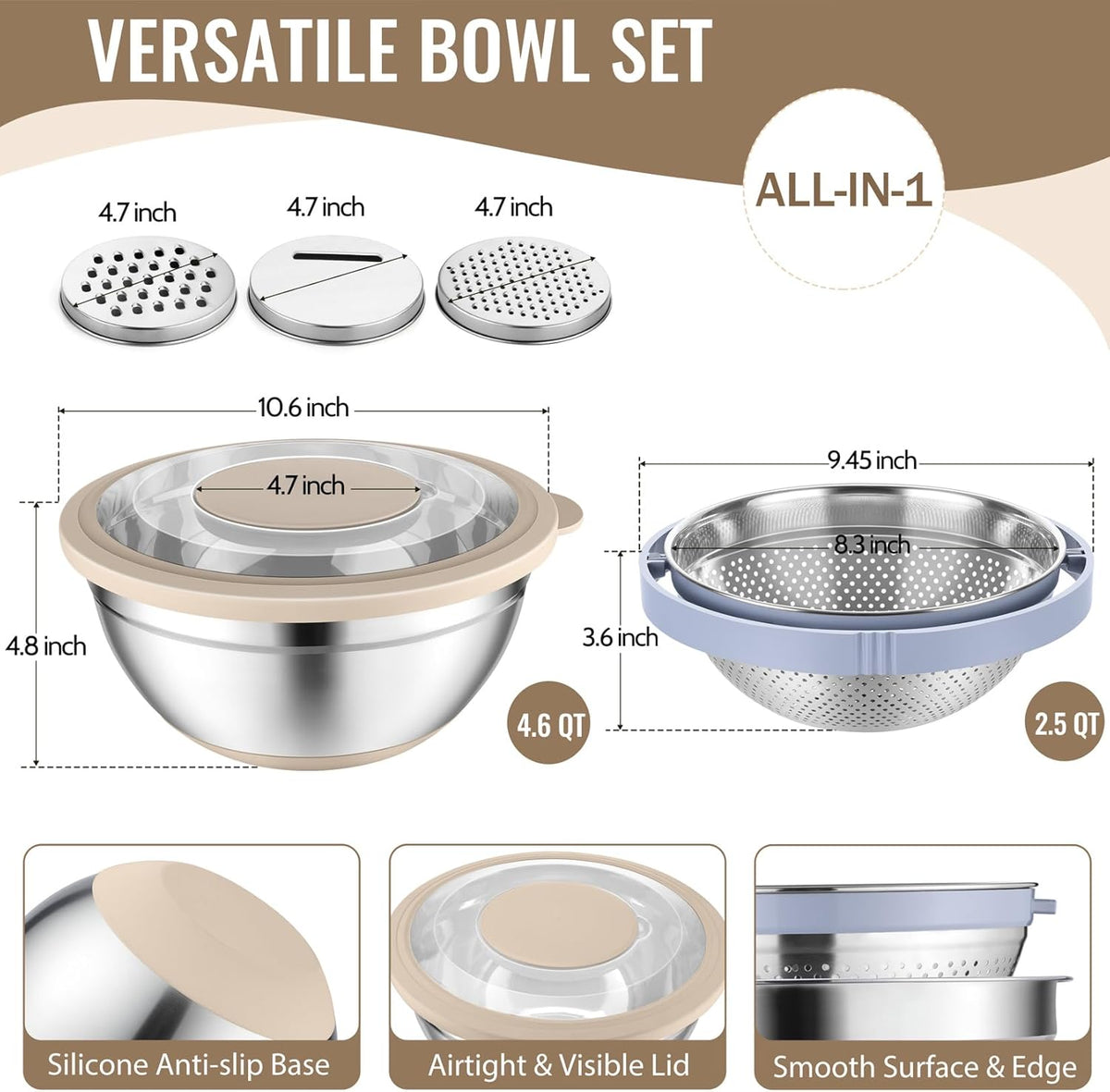 4-In-1 Stainless Steel Colander with Bowl Set for Kitchen, Khaki | Rotatable Strainers Fruit Cleaner for Washing Fruit & Draining Pasta, Mixing Bowl and Lid with Grater for Salad, Easy Clean