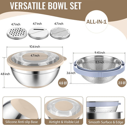 4-In-1 Stainless Steel Colander with Bowl Set for Kitchen, Khaki | Rotatable Strainers Fruit Cleaner for Washing Fruit & Draining Pasta, Mixing Bowl and Lid with Grater for Salad, Easy Clean