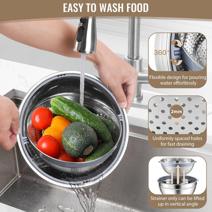 4-In-1 Stainless Steel Colander with Bowl Set for Kitchen, Khaki | Rotatable Strainers Fruit Cleaner for Washing Fruit & Draining Pasta, Mixing Bowl and Lid with Grater for Salad, Easy Clean