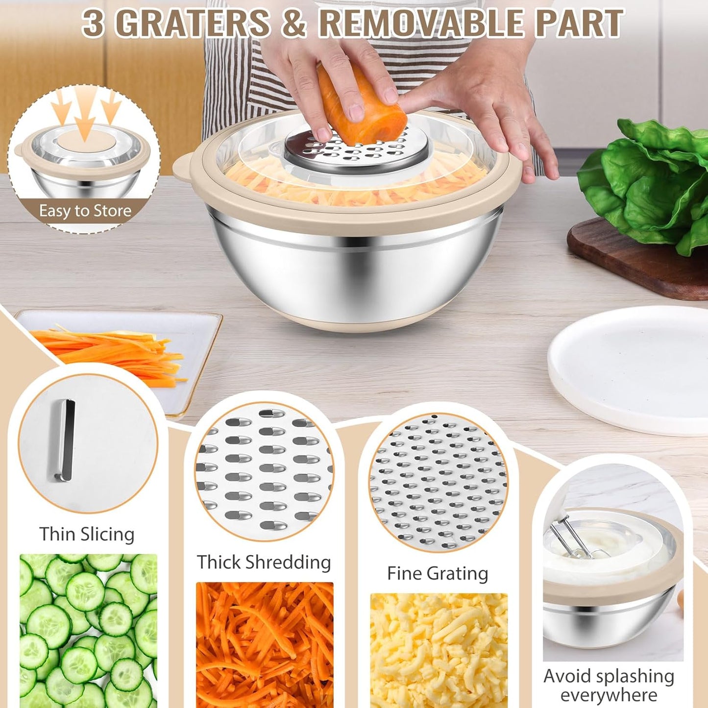 4-In-1 Stainless Steel Colander with Bowl Set for Kitchen, Khaki | Rotatable Strainers Fruit Cleaner for Washing Fruit & Draining Pasta, Mixing Bowl and Lid with Grater for Salad, Easy Clean