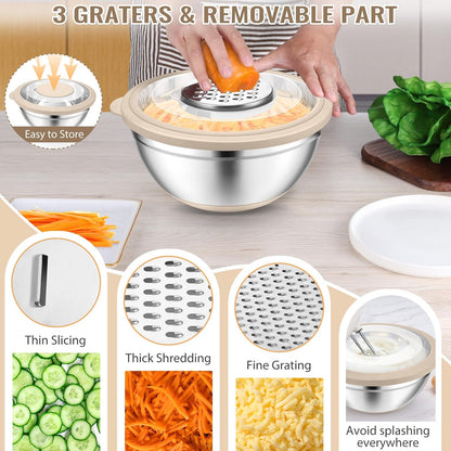 4-In-1 Stainless Steel Colander with Bowl Set for Kitchen, Khaki | Rotatable Strainers Fruit Cleaner for Washing Fruit & Draining Pasta, Mixing Bowl and Lid with Grater for Salad, Easy Clean