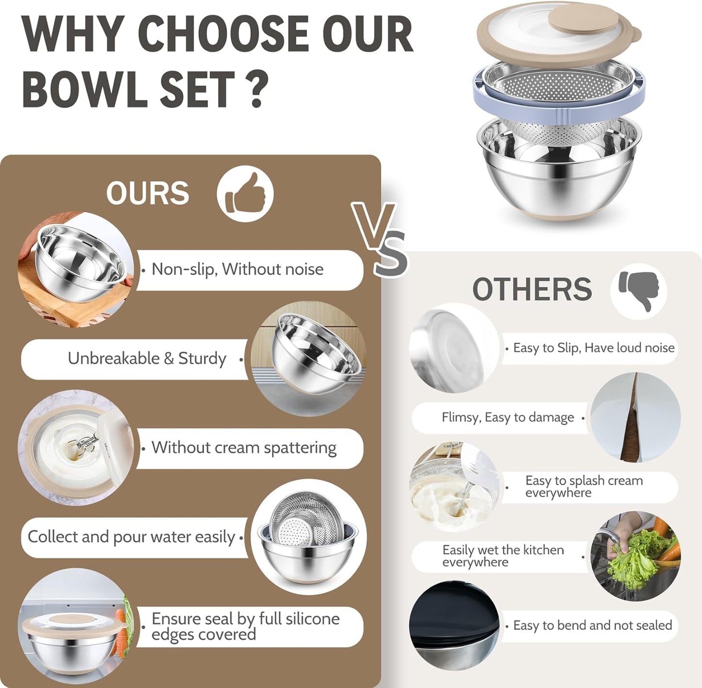 4-In-1 Stainless Steel Colander with Bowl Set for Kitchen, Khaki | Rotatable Strainers Fruit Cleaner for Washing Fruit & Draining Pasta, Mixing Bowl and Lid with Grater for Salad, Easy Clean