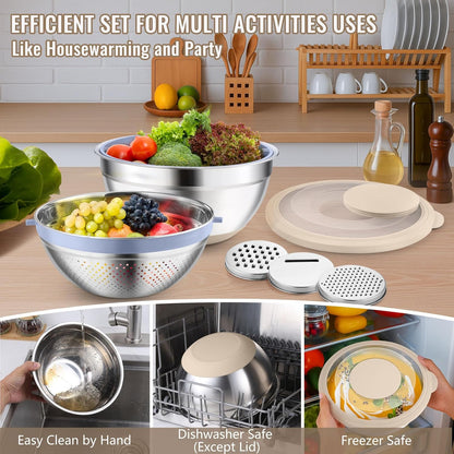 4-In-1 Stainless Steel Colander with Bowl Set for Kitchen, Khaki | Rotatable Strainers Fruit Cleaner for Washing Fruit & Draining Pasta, Mixing Bowl and Lid with Grater for Salad, Easy Clean