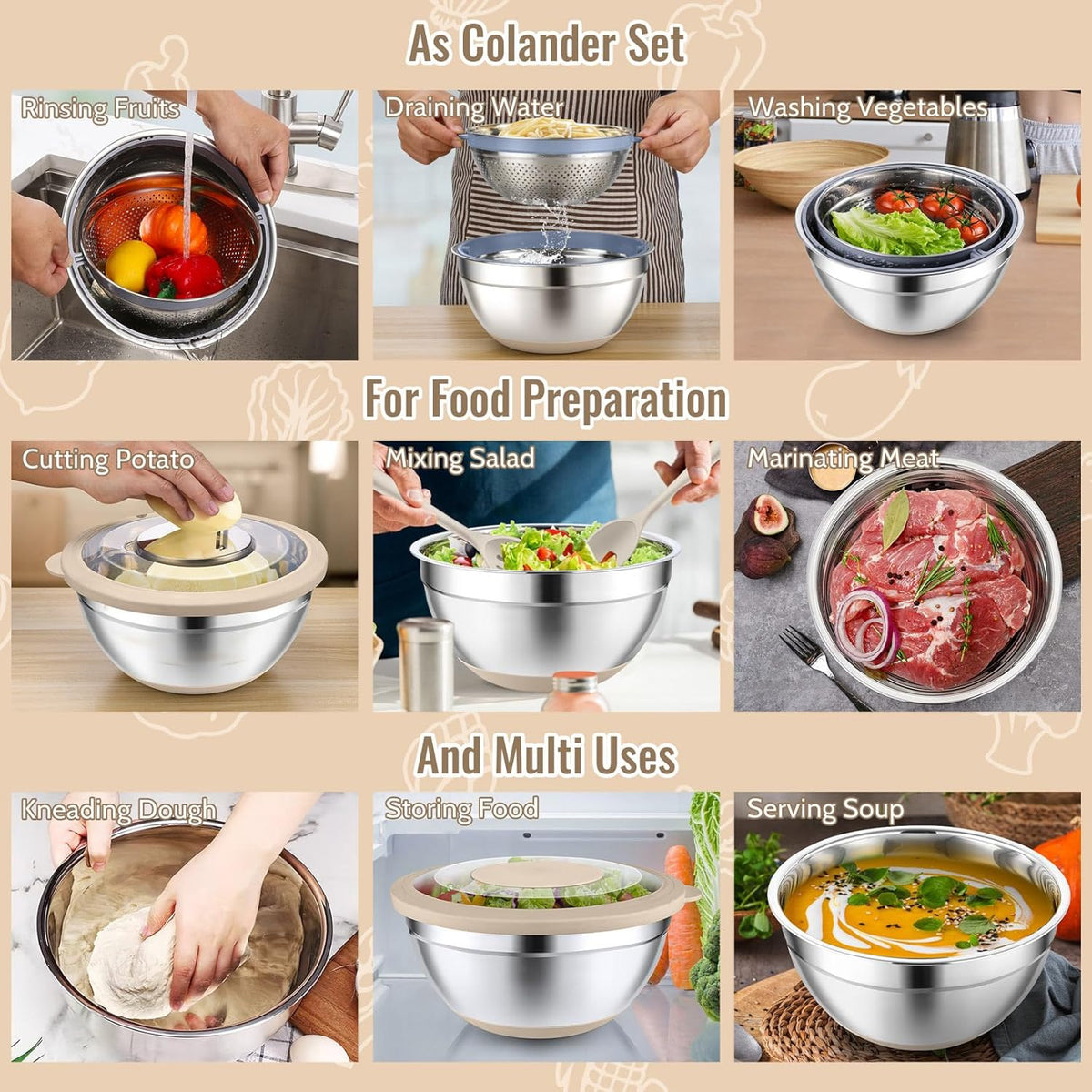 4-In-1 Stainless Steel Colander with Bowl Set for Kitchen, Khaki | Rotatable Strainers Fruit Cleaner for Washing Fruit & Draining Pasta, Mixing Bowl and Lid with Grater for Salad, Easy Clean