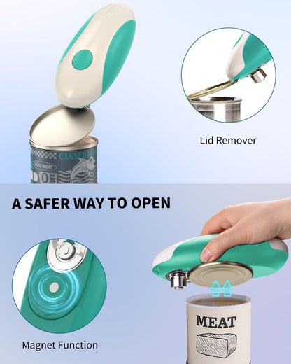 Electric Can Opener, One-Touch Automatic Can Opening with Smooth Edges, Food Safety Handheld Battery-Operated Can Opener for Kitchen and Seniors, Blue