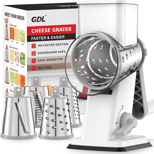 Upgraded Cheese Grater Shredder Hand Crank, Vegetable Slicer, 4 Blades | 18x Faster Cutting, Stronger Suction Base, No BPA, Stainless Steel Blade, Dishwasher Safe, For Cheese & Veggies & Nuts
