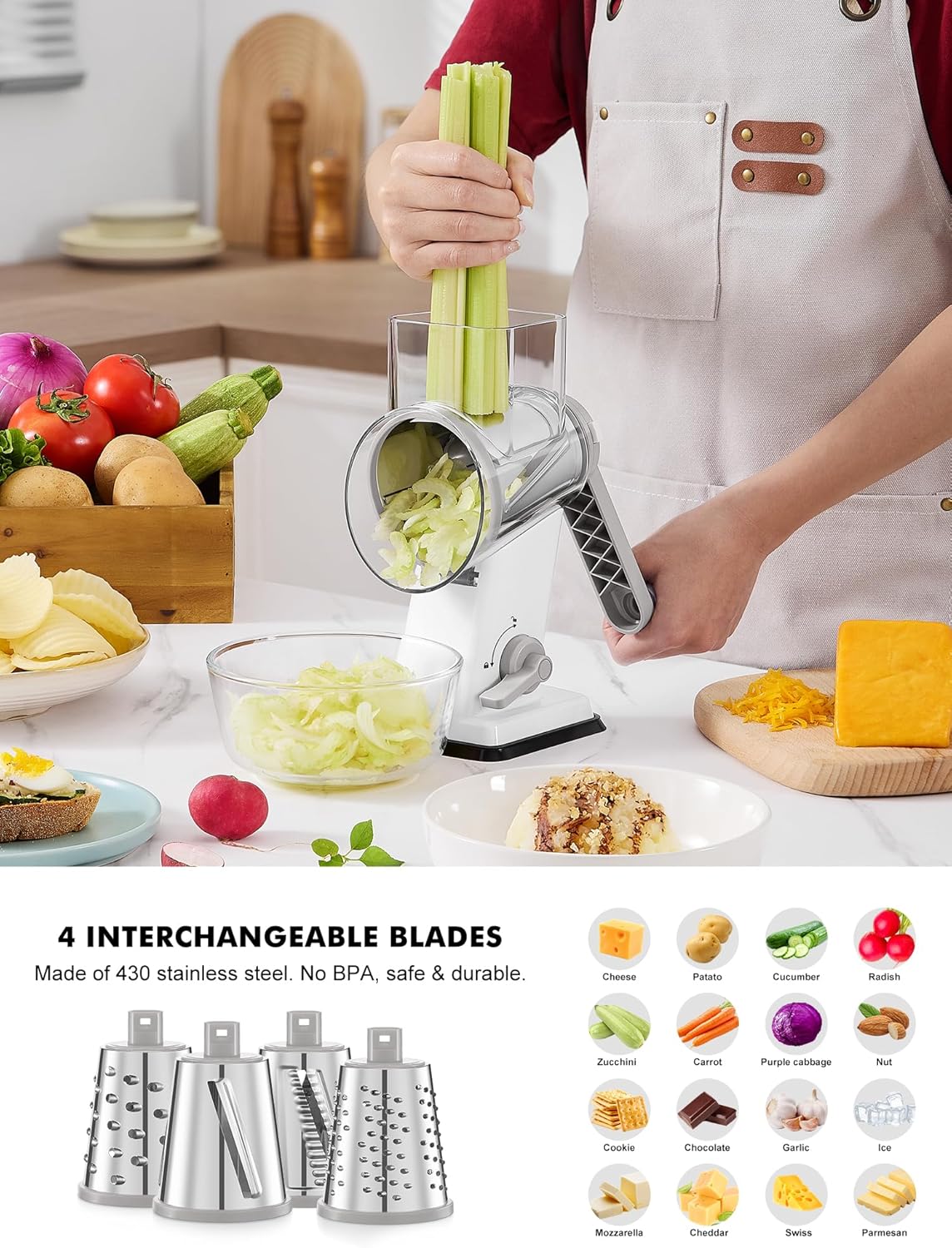 Upgraded Cheese Grater Shredder Hand Crank, Vegetable Slicer, 4 Blades | 18x Faster Cutting, Stronger Suction Base, No BPA, Stainless Steel Blade, Dishwasher Safe, For Cheese & Veggies & Nuts