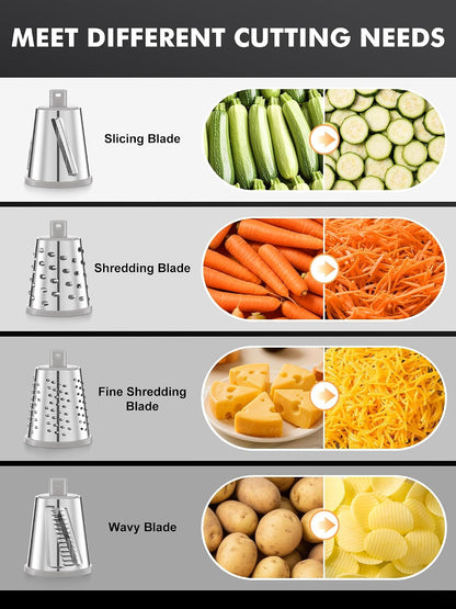 Upgraded Cheese Grater Shredder Hand Crank, Vegetable Slicer, 4 Blades | 18x Faster Cutting, Stronger Suction Base, No BPA, Stainless Steel Blade, Dishwasher Safe, For Cheese & Veggies & Nuts