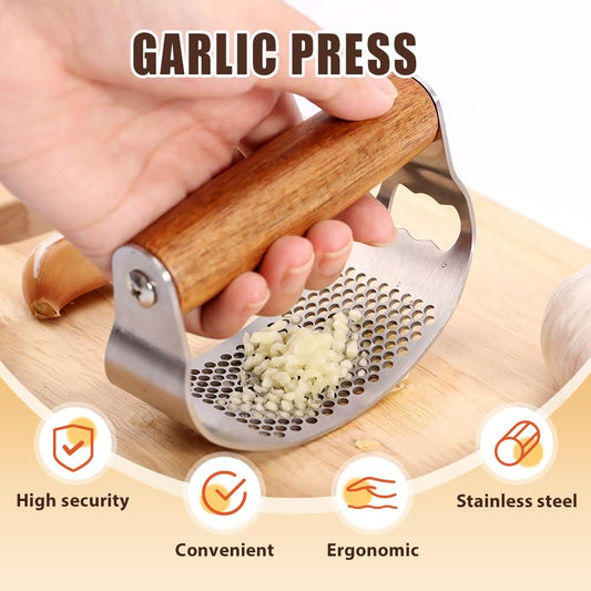 Garlic Press Rocker, 2025 New Manual Stainless Steel Garlic Presser Rocker, Crusher Masher with Garlic Peeling Drum Brush for Home Kitchen Utensils (1)