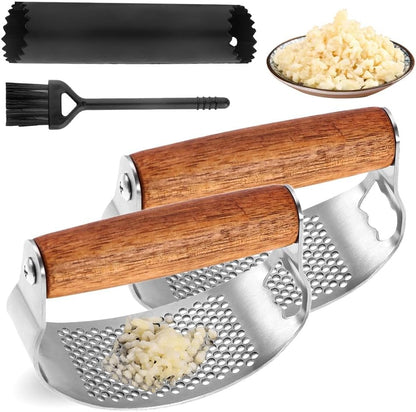 Garlic Press Rocker, 2025 New Manual Stainless Steel Garlic Presser Rocker, Crusher Masher with Garlic Peeling Drum Brush for Home Kitchen Utensils (1)